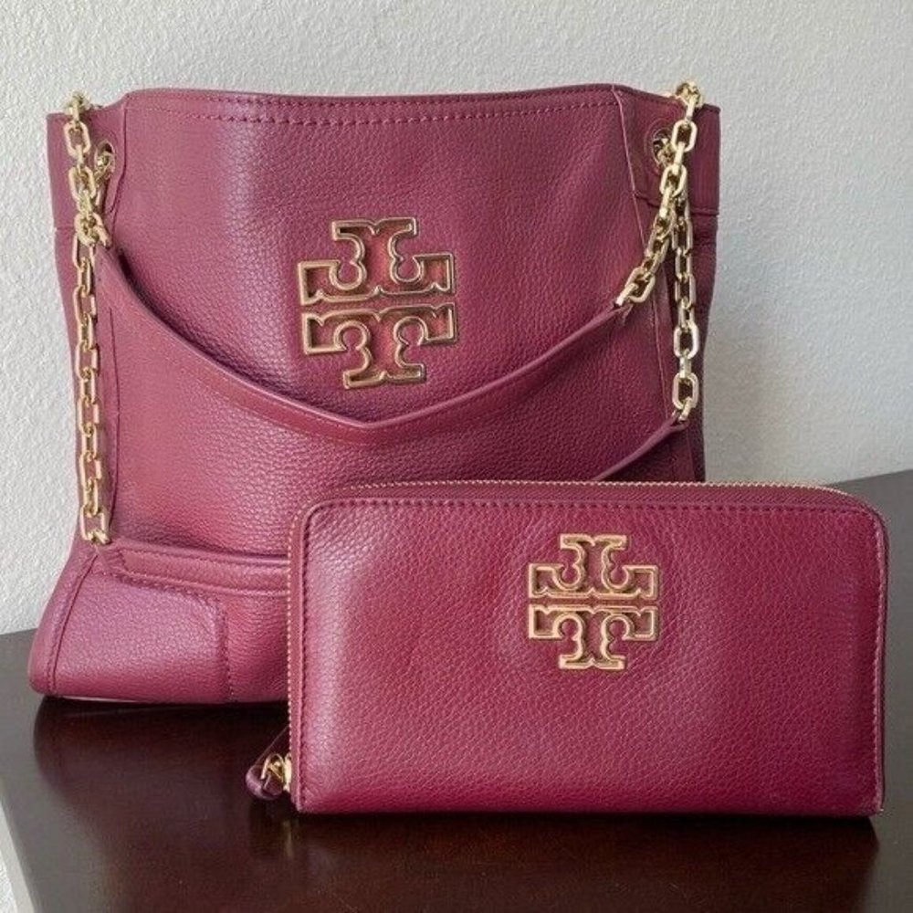 Tory Burch Maroon Pebbled Leather Shoulder Bag & Wallet Set